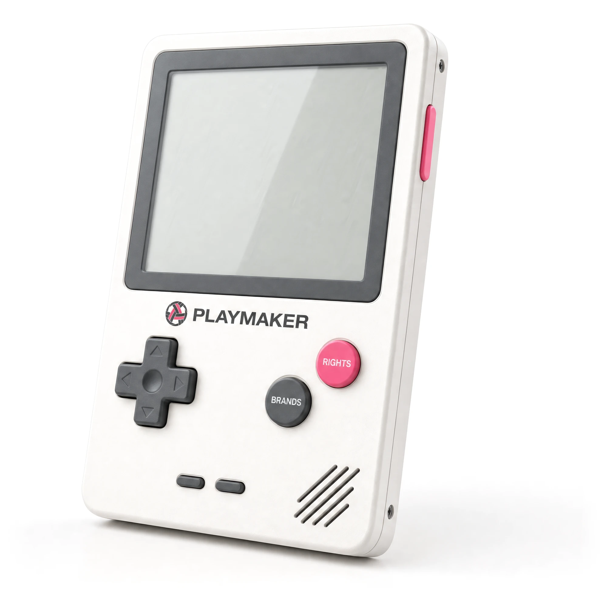 The Playmaker handheld: a white games console with a D-pad and BRANDS and RIGHTS keys